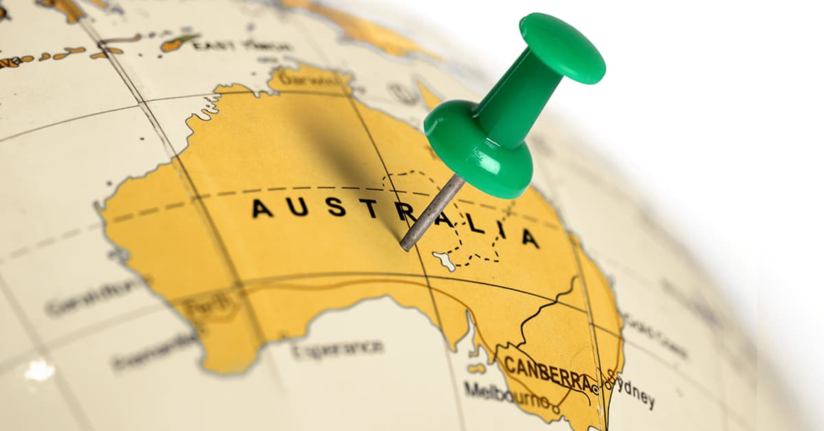 Map of Australia with thumb tack in the center of the continent