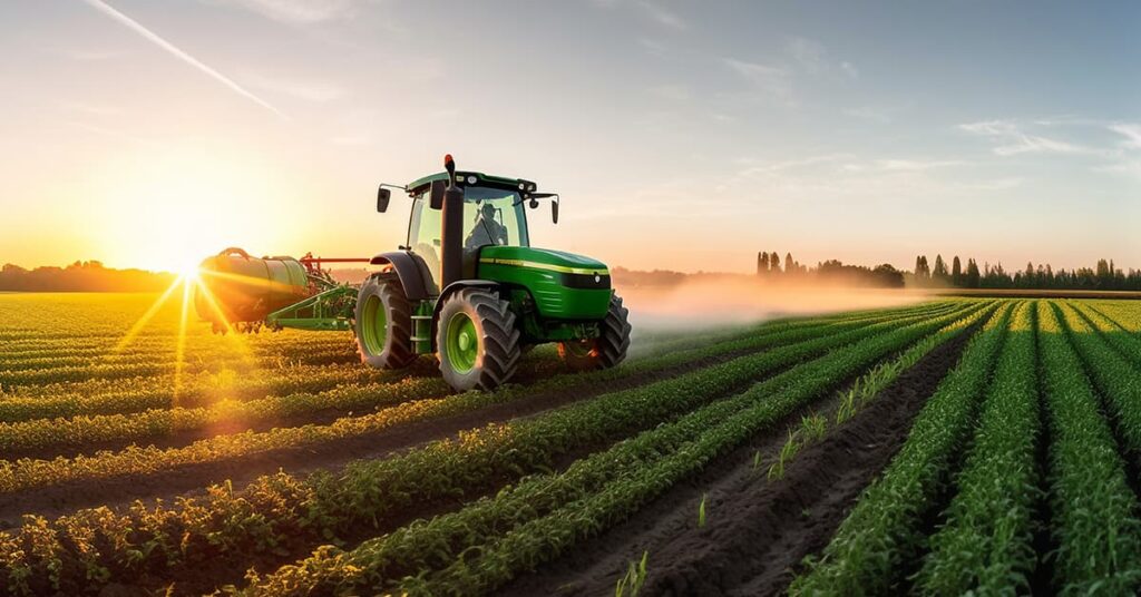 Tractor working in a field of crops.