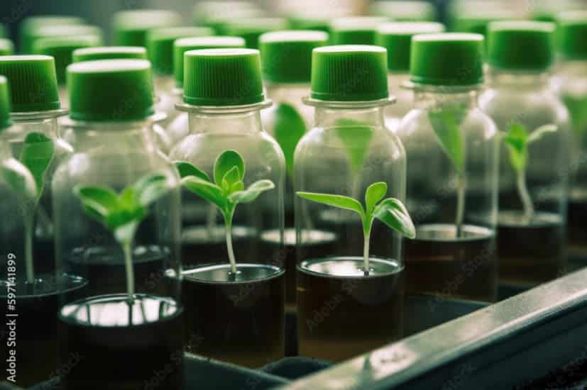Multiple testing bottles with sprouts growing inside.