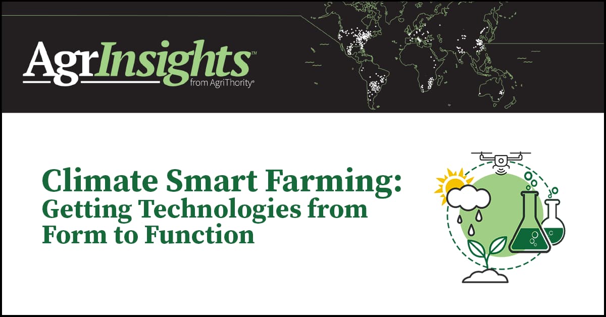 AgrInsights™ blog post thumbnail with the text, "Climate Smart Farming: Getting Technologies from Form to Function," and a circular illustration of showing the process of growth and farming technology.