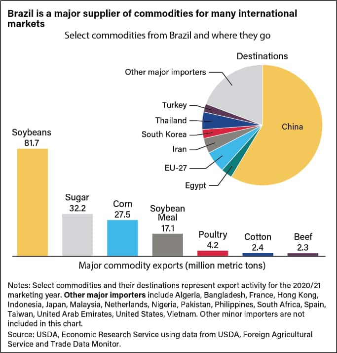 Charts showing breakdown of Brazil's commodities for international markets