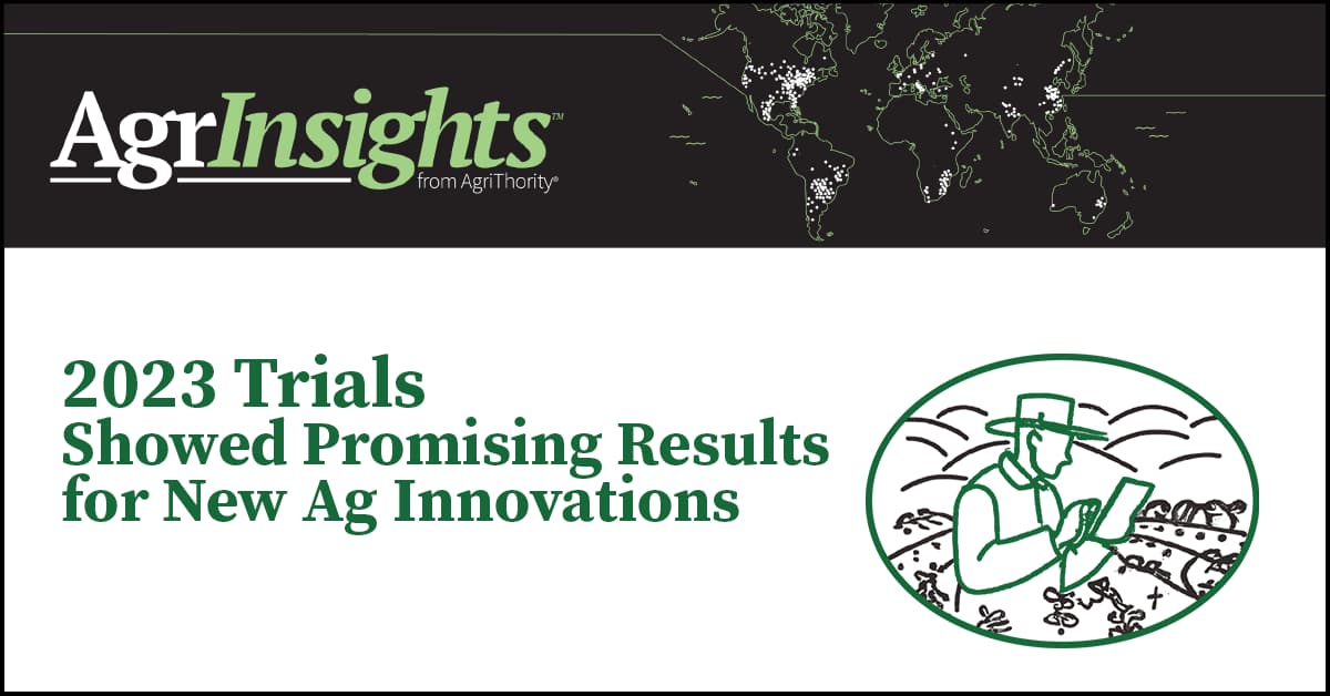 Post thumbnail with the text, "AgrInsights™: 2023 Trials Showed Promising Results for New Ag Innovations" and a icon of a farmer in a field.