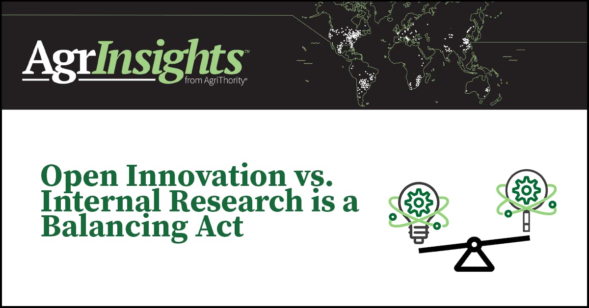 Blog post thumbnail with the text, Open Innovation vs. Internal Research Is a Balancing Act" with an icon of a scale balancing two light bulbs with gears in the center of them.