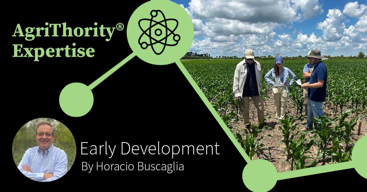 Photo of four people in a field looking at crops with the text, 'AgriThority® Expertise, Early Development by Horacio Buscaglia.'
