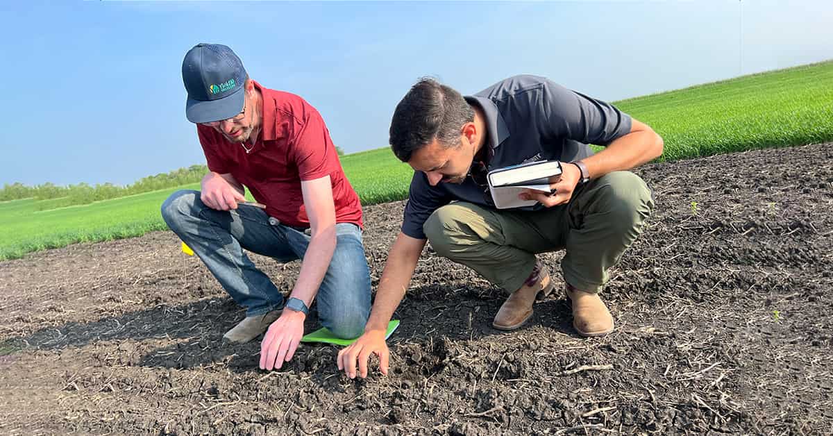 Photo of two men inspecting soil in a field.