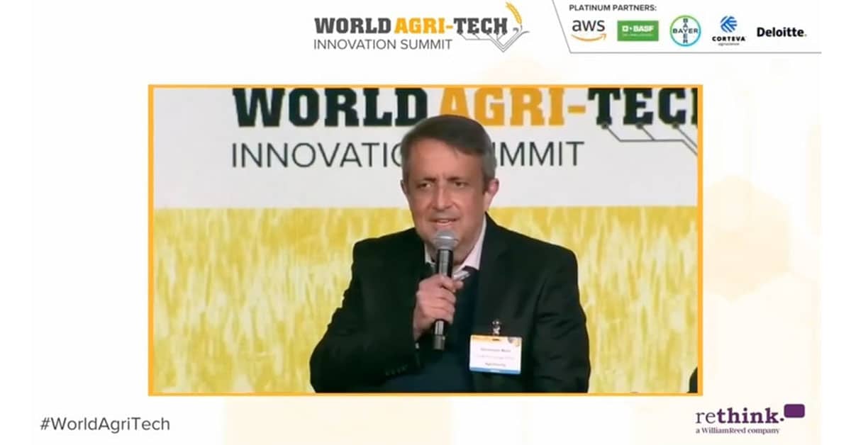 Video still of Gloverson Moro discussing effective go-to-market strategies at World Agri-Tech Innovation Summit.