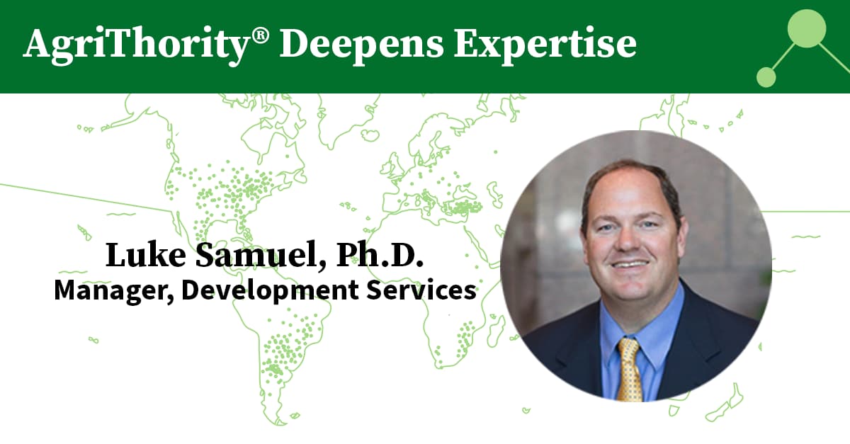 Article thumbnail with a headshot of Luke Samuel, Ph.D. and the title, " AgriThority® Deepens Expertise, Luke Samuel, Ph.D., Manager, Development Services.