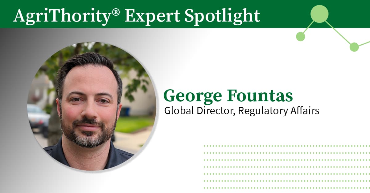 Article thumbnail with a head of George Fountas and the text, "AgriThority® Expert Spotlight: George Fountas, Global Director, Regulatory Affairs."