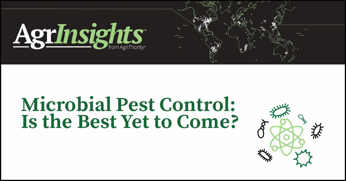 Article thumbnail with an icon depicting molecules and microbials and the text, "AgrInsights - Microbial Pest Control: Is teh Best Yet to Come?"