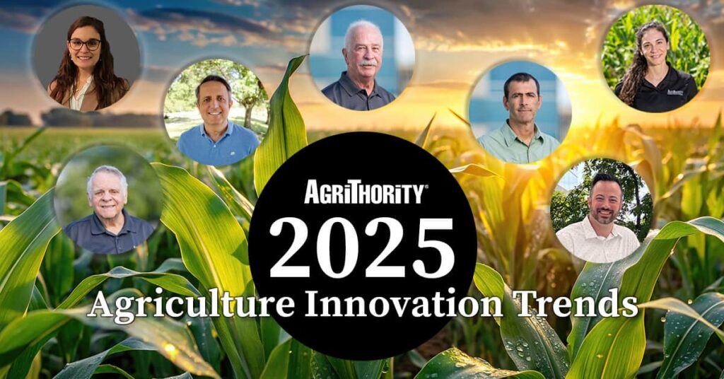 Article thumbnail with headshots of the article contributors, an image of crops in the background, and the text, "AgriThority® 2025 Agriculture Innovation Trends."