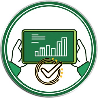 A digital illustration of two hands holding a tablet displaying a bar chart with rising bars and text lines. A checkmark inside a circular design with small stars overlaps the lower part of the tablet. The image is enclosed in a green circular border.