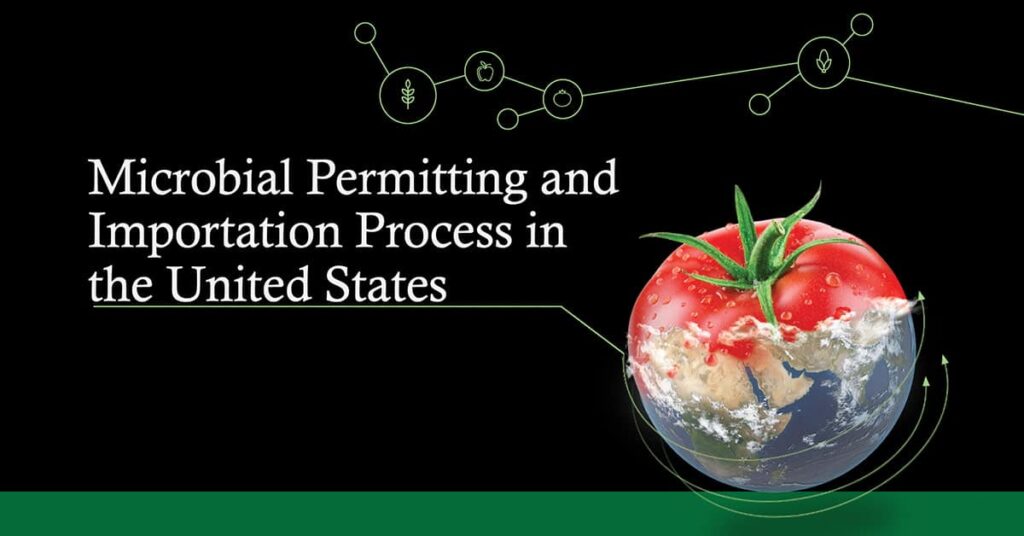 Graphic design image with a black background featuring the title 'Microbial Permitting and Importation Process in the United States' in white text. A digitally edited tomato, partially resembling Earth, is on the right side, symbolizing global agriculture and microbial innovation. Green lines and icons representing agricultural elements connect across the image.