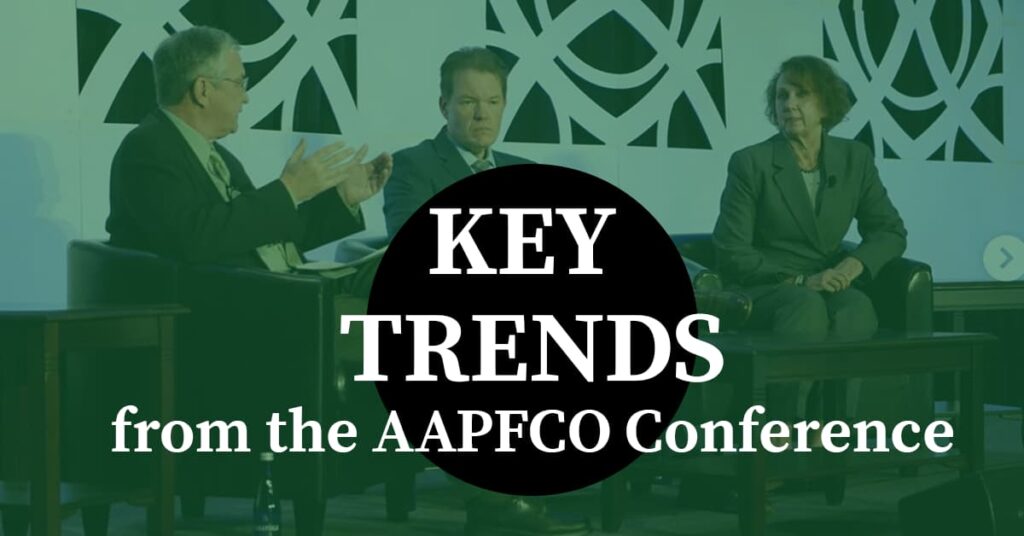 A panel discussion at the AAPFCO Conference with three professionally dressed individuals seated on a stage. The image has a green overlay with a bold black circle in the center containing white text that reads: "KEY TRENDS from the AAPFCO Conference."