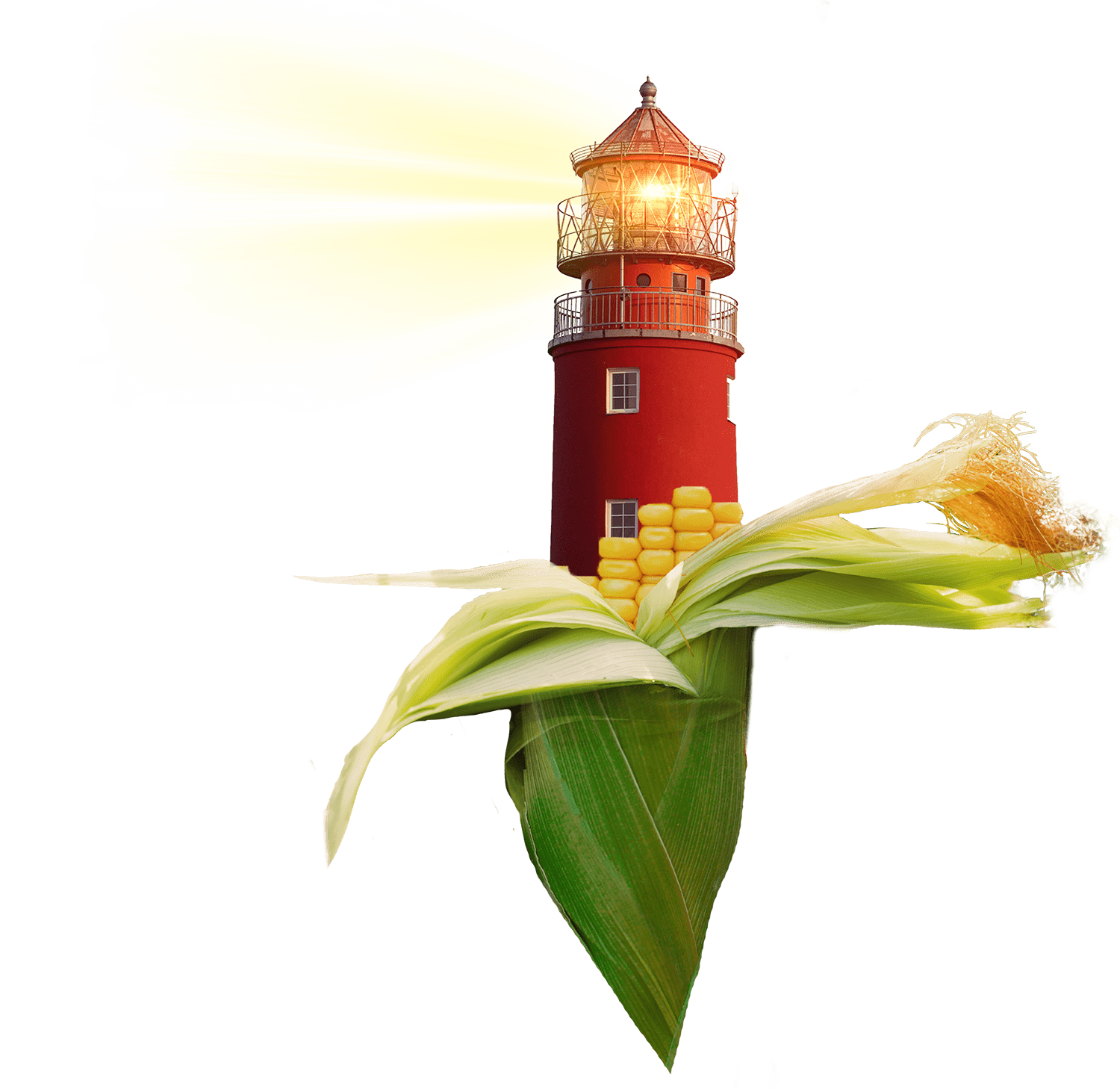 A digitally manipulated image of a red lighthouse emerging from a corn stalk, with bright yellow light shining.