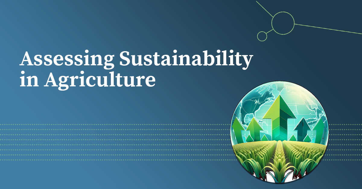 A blue background with the white text "Assessing Sustainability in Agriculture" on the left. On the right, a circular image shows a green field with rows of crops at the bottom, transitioning into a globe above. Inside the globe, green upward arrows and geometric shapes (representing growth and technology) are set against a world map, symbolizing global agricultural sustainability. Light green dashed lines and dots decorate the background.