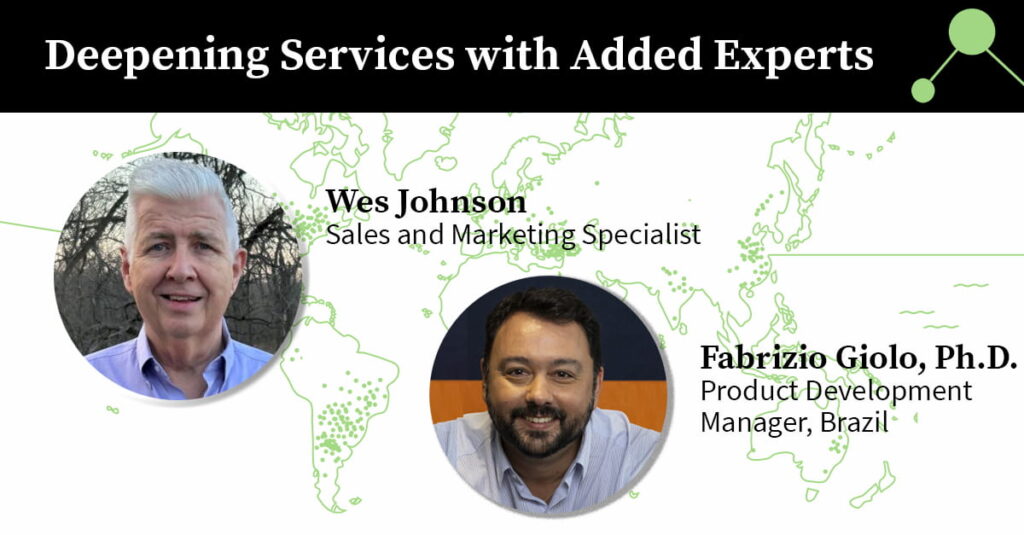 An image with a world map outline in the background, featuring green lines and dots. At the top, text reads "Deepening Services with Added Experts" in white on a black background. Below, two circular portraits are shown. The left portrait is labeled "Wes Johnson, Sales and Marketing Specialist," and the right portrait is labeled "Fabrizio Giolo, Ph.D., Product Development Manager, Brazil." The background of each portrait is partially visible, with trees on the left and a wooden panel on the right.