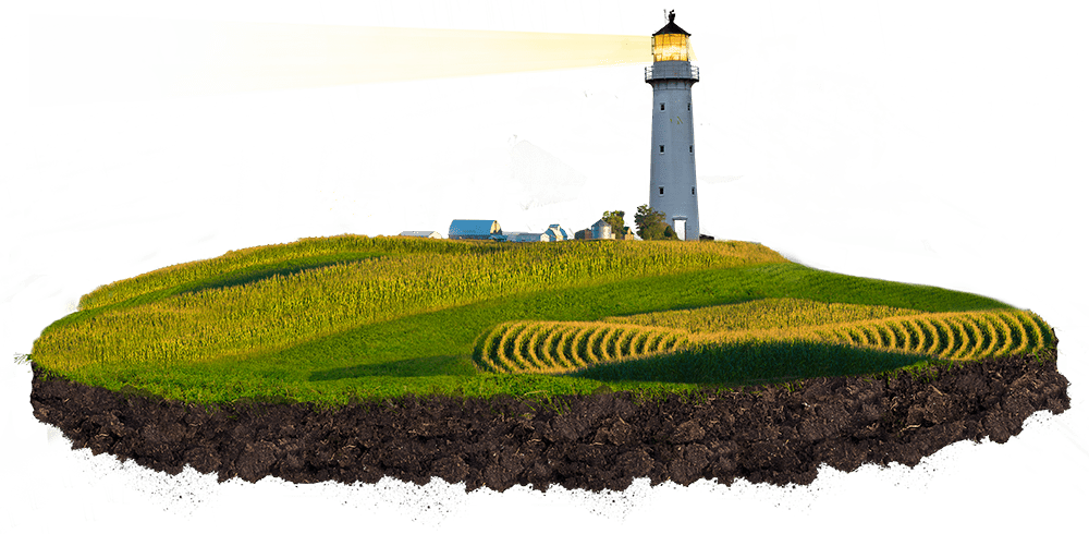 A digital painting of a lighthouse on a grassy hill with golden fields and hay bales, set against a backdrop of trees and a partly cloudy sky. The hill appears to be floating above a layer of soil, with a bright yellow beam of light shining from the lighthouse.