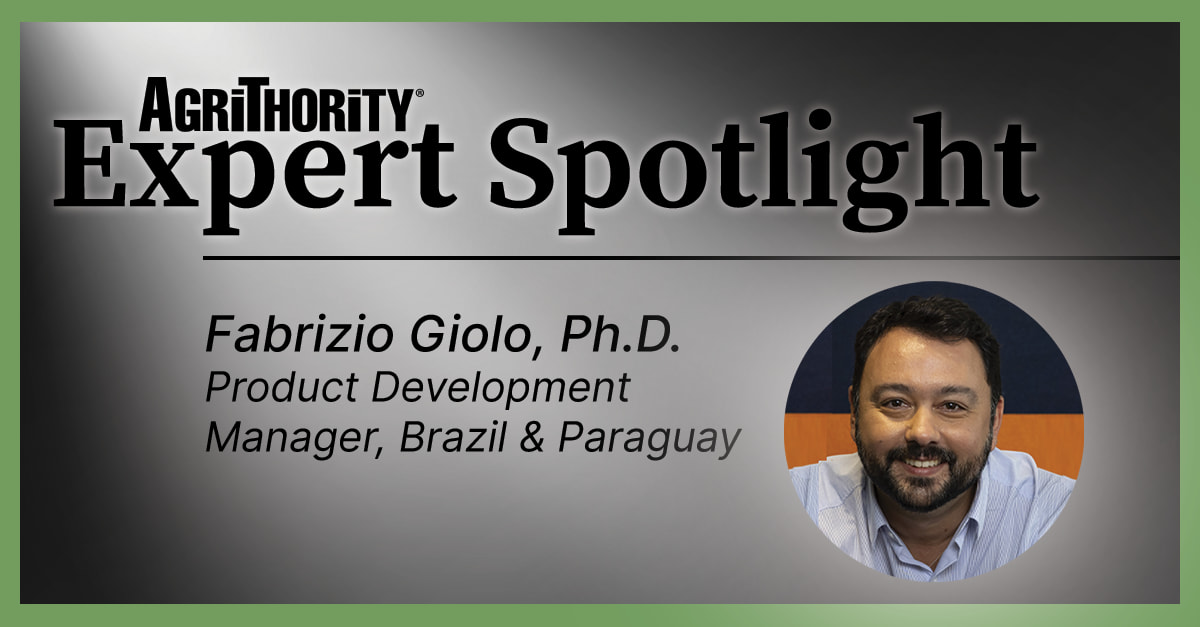 A promotional image for "AgriThority® Expert Spotlight" featuring Fabrizio Giolo, Ph.D., Product Development Manager for Brazil & Paraguay. The image includes a circular photo of Fabrizio Giolo smiling, set against a gray background with green borders. The text highlights his role and expertise in product development.