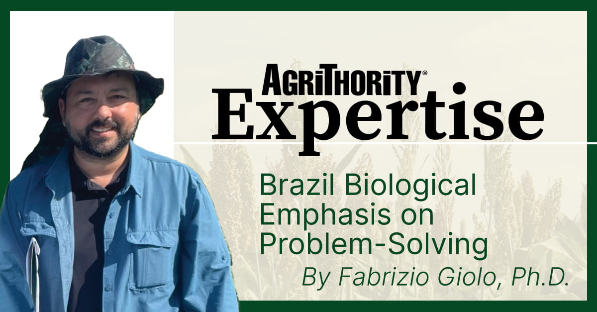 A promotional image featuring Fabrizio Giolo, Ph.D. in a blue shirt and camouflage hat standing outdoors. The text beside him reads: "AgriThority® Expertise – Brazil Biological Emphasis on Problem-Solving – By Fabrizio Giolo, Ph.D." The background includes faint images of sorghum plants and is bordered in green.