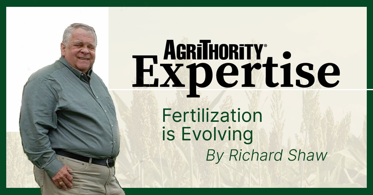 A promotional image from AgriThority® titled "AgriThority® Expertise," featuring Richard Shaw in a green shirt and beige pants standing to the left. The text "Fertilization is Evolving" and "By Richard Shaw" is displayed over a background of green crops, with the AgriThority® logo at the top.