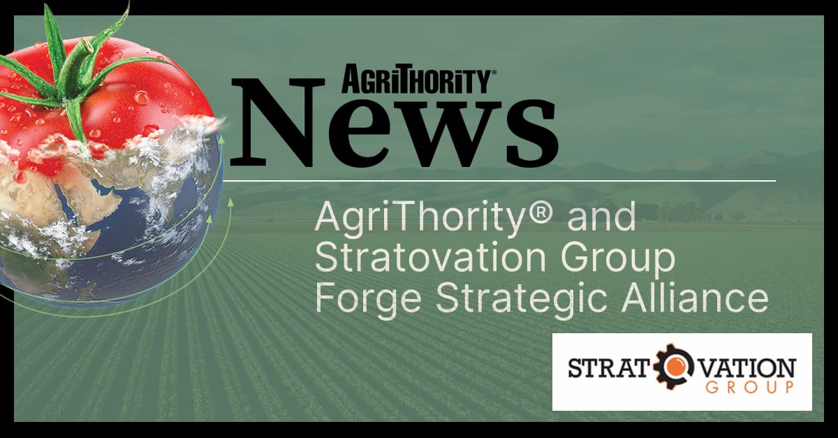 A news banner from AgriThority® featuring a globe with a tomato on top, symbolizing agriculture. The text reads "AgriThority® and Stratovation Group Forge Strategic Alliance" with the AgriThority® and Stratovation Group logos displayed. The background includes a green field and a mountainous horizon.