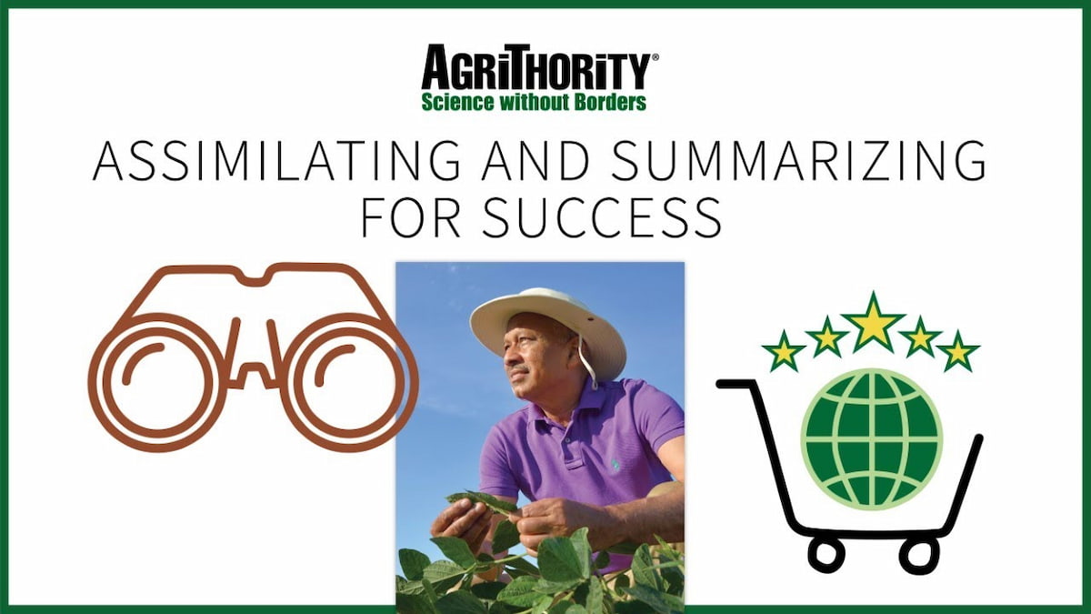 A promotional image for AgriThority®, featuring the text "ASSIMILATING AND SUMMARIZING FOR SUCCESS" and the tagline "Science without Borders." The image includes a man in a purple shirt and hat holding a green plant in a field, with illustrations of binoculars on the left and a shopping cart with a globe and stars on the right.