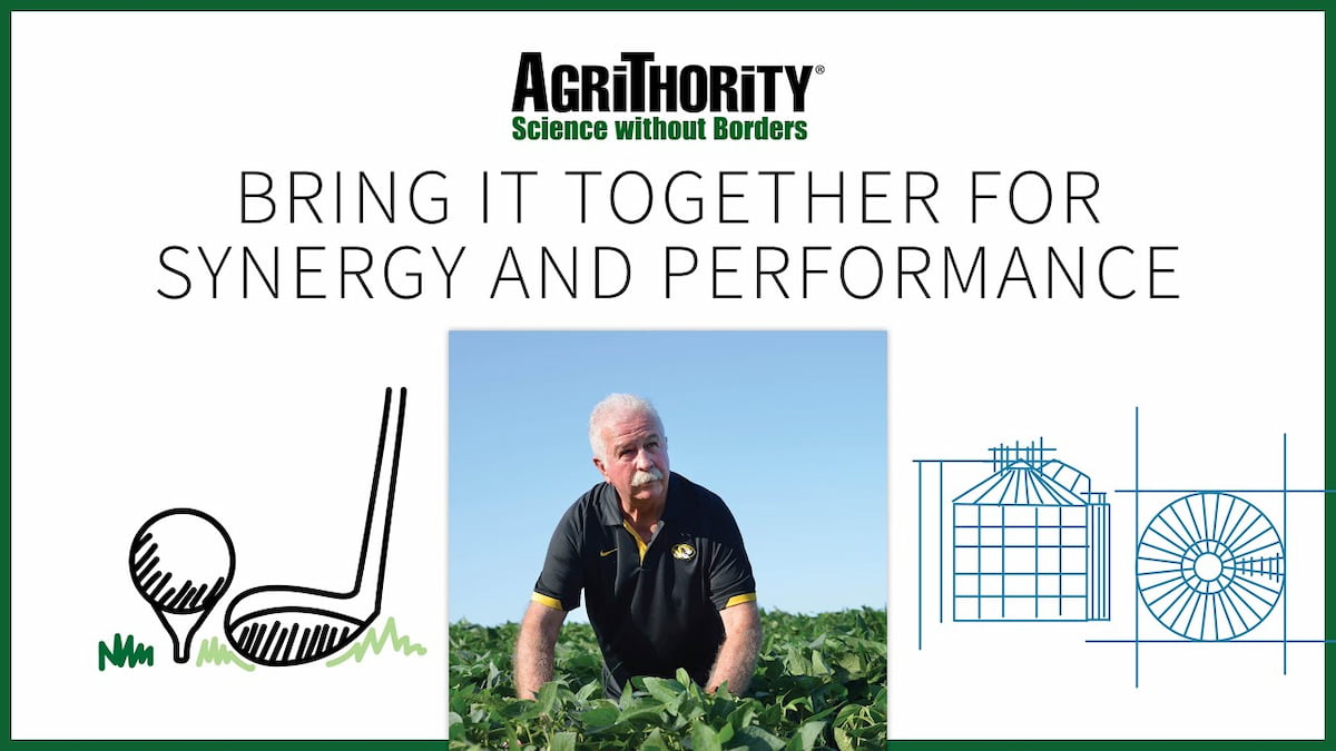 A promotional image for AgriThority®, featuring the text "BRING IT TOGETHER FOR SYNERGY AND PERFORMANCE" and the tagline "Science without Borders." The image includes Jerry Duff in a black and yellow shirt standing in a field, with illustrations of a golf club and ball on the left and a grain silo and gear on the right.