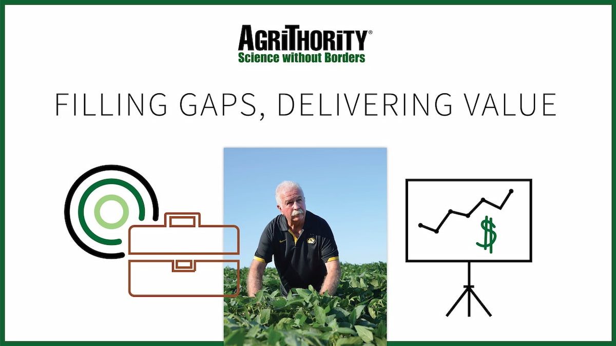 A promotional image for AgriThority® with the text "FILLING GAPS, DELIVERING VALUE" and the tagline "Science without Borders." It features a photo of Jerry Duff in in a black shirt with a yellow logo standing in a green field, alongside illustrations of a briefcase with target rings and a chart showing an upward trend with a dollar sign. The AgriThority® logo is at the top.