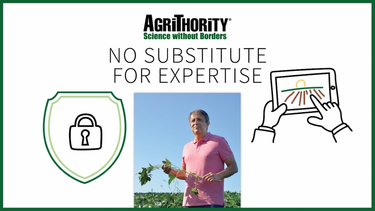 A promotional image for AgriThority®, featuring the slogan "No Substitute for Expertise." The image shows Gloverson Moro, Ph.D. in a pink shirt holding a plant in a field, with a shield and lock illustration on the left symbolizing security, and a hand holding a tablet with a field graphic on the right representing technology. The AgriThority® logo and "Science without Borders" tagline are displayed at the top.
