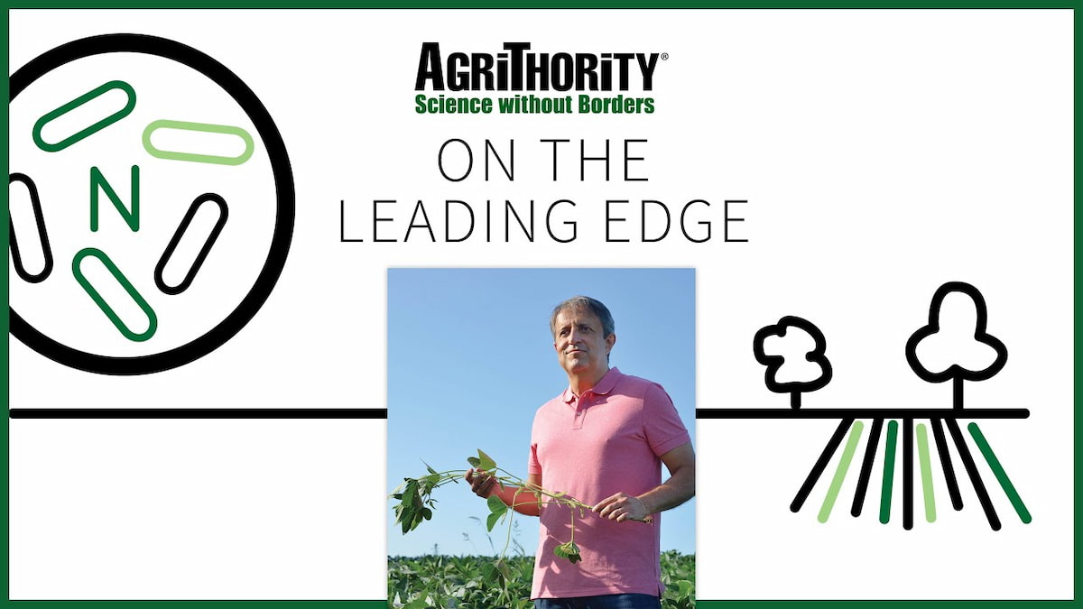 A promotional image for AgriThority®, featuring the slogan "On the Leading Edge." The image shows Gloverson Moro, Ph.D. in a pink shirt holding a plant in a field, with a circular illustration of bacteria with an "N" on the left symbolizing nitrogen, and a tree and root system illustration on the right representing agriculture. The AgriThority® logo and "Science without Borders" tagline are displayed at the top.