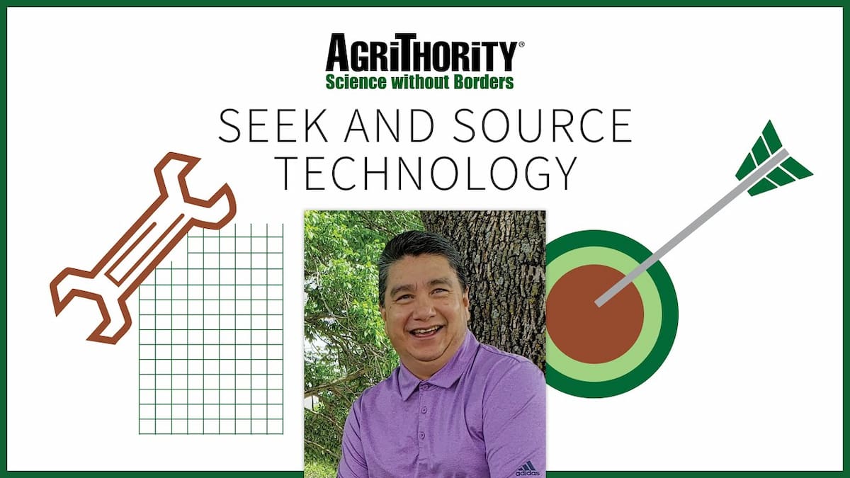 A promotional image for AgriThority®, featuring the text "SEEK AND SOURCE TECHNOLOGY" and the tagline "Science without Borders." The image includes Tony Pardo in a purple shirt standing in front of a tree, with illustrations of a wrench and grid on the left and a target with an arrow on the right.
