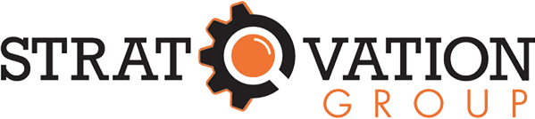 Logo for Stratovation Group featuring the company name "STRATOVATION GROUP" with a stylized gear and orange circle design integrated into the text, set against a background of gray and white vertical stripes.