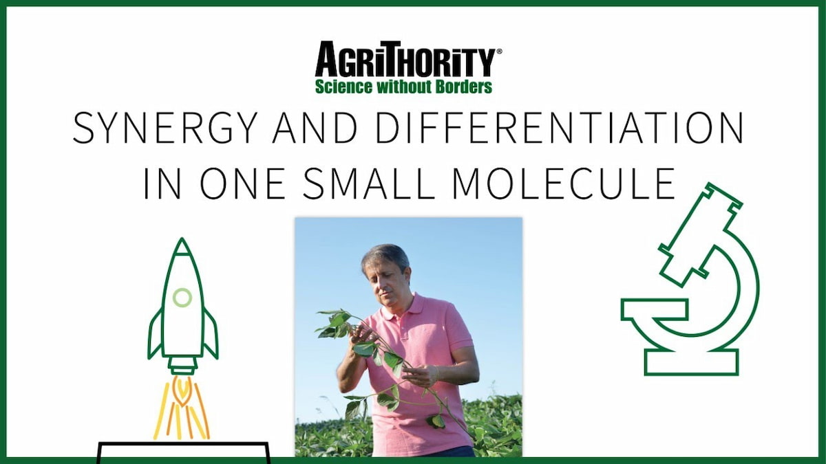 A promotional image for AgriThority®, featuring the slogan "Synergy and Differentiation in One Small Molecule." The image includes Gloverson Moro, Ph.D. in a pink shirt holding a plant in a field, with a rocket illustration on the left symbolizing growth or innovation, and a microscope illustration on the right representing scientific research. The AgriThority® logo and "Science without Borders" tagline are displayed at the top.