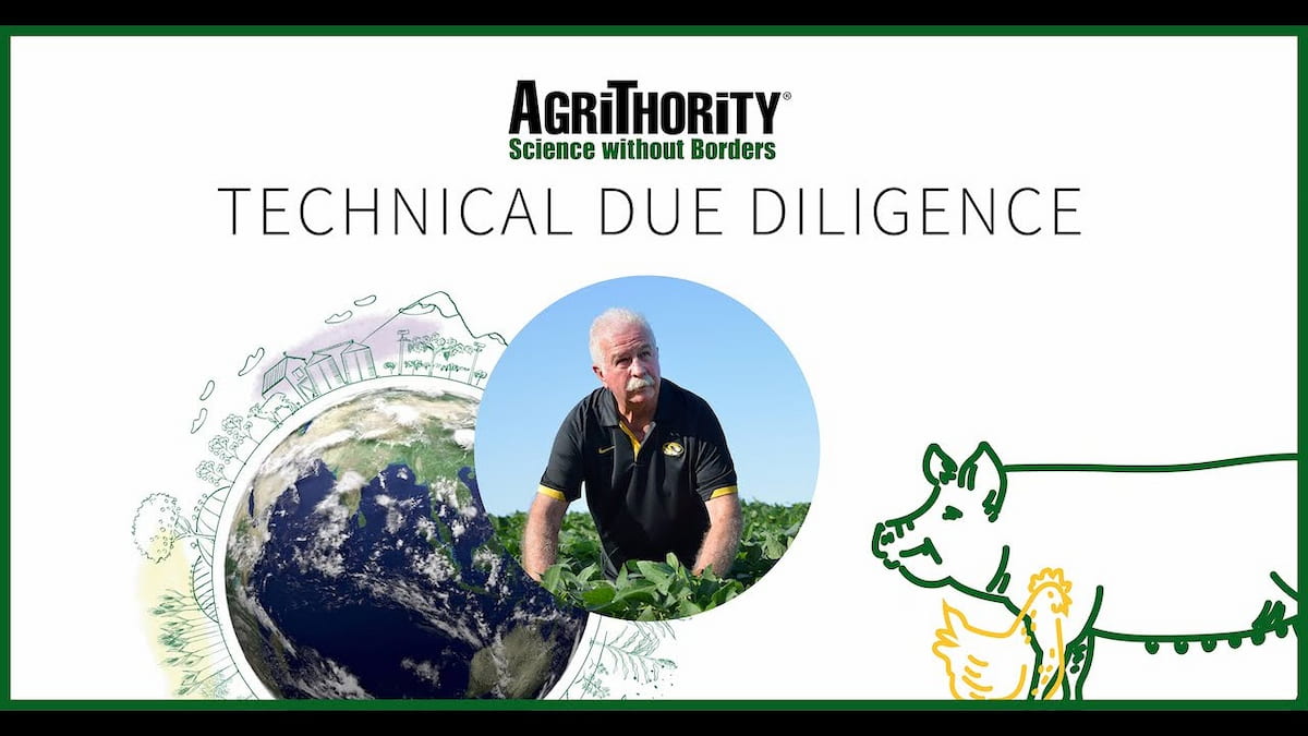 A promotional image for AgriThority® with the text "TECHNICAL DUE DILIGENCE" and the tagline "Science without Borders." The image features a circular photo of Jerry Duff in a black shirt standing in a green field, surrounded by illustrations of a globe with trees and houses, and a pig with a chick beside it. The AgriThority® logo is displayed at the top.