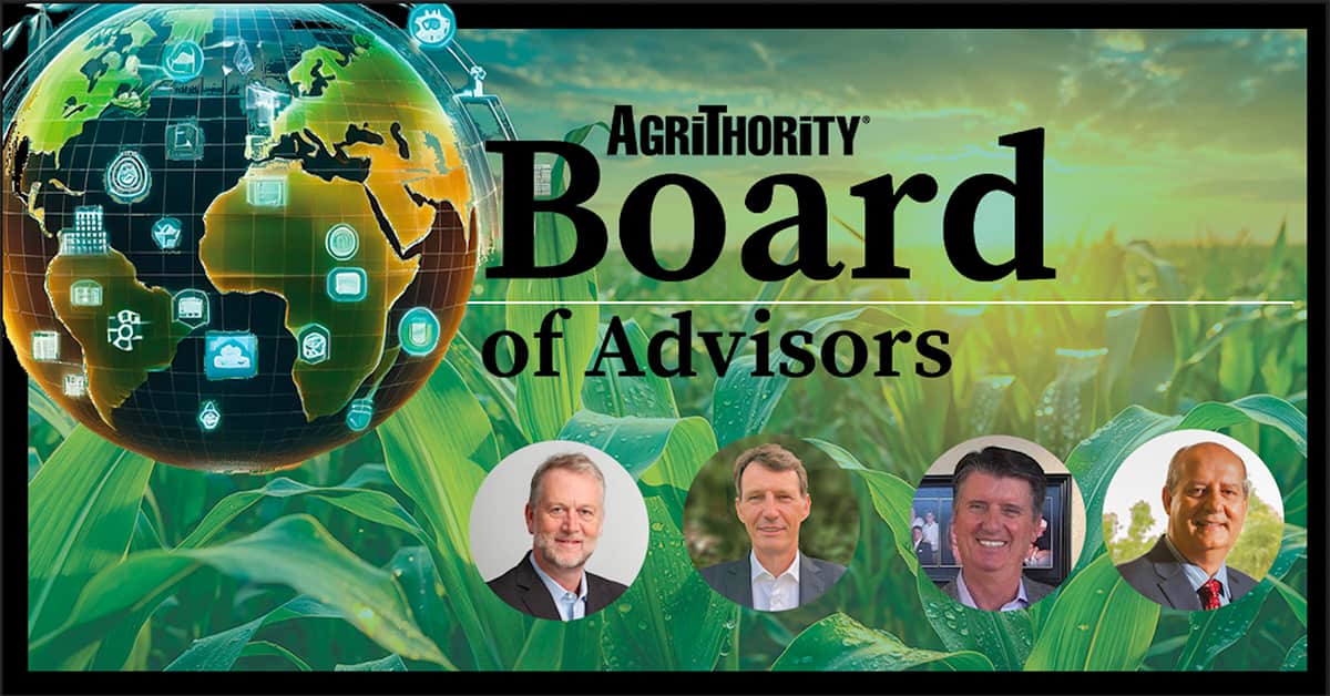 AgriThority® Board of Advisors image featuring a global digital connectivity globe with icons, set against green crops, showcasing expertise in agriculture and technology. Includes headshots of four advisors, highlighting AgriThority®'s leadership in agtech innovation.