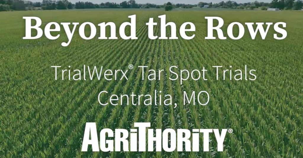 Beyond the Rows - TrialWerx® Tar Spot Trials in Centralia, MO, featuring a lush green field, organized by AgriThority®, focusing on agricultural research and tar spot disease trials in Missouri.