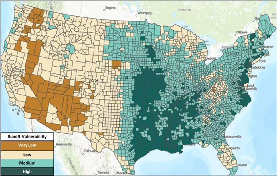 Map of the United States showing runoff vulnerability at the county level, with color-coded regions (Very Low in beige, Low in light brown, Medium in teal, High in dark green), highlighting higher vulnerability in the Southeast and Pacific Northwest, created by the U.S. Environmental Protection Agency.