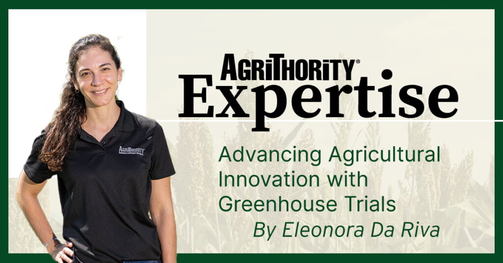 AgriThority® Expertise: Eleonora Da Riva advancing agricultural innovation with greenhouse trials, professional photo with wheat stalks, promoting sustainable crop research and development.