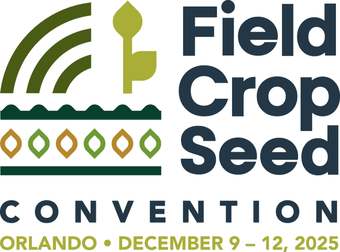 Field Crop Seed Convention 2025 logo featuring green plant and wave graphics with orange seed icons, promoting the premier agricultural seed industry event in Orlando, Florida, December 9-12.