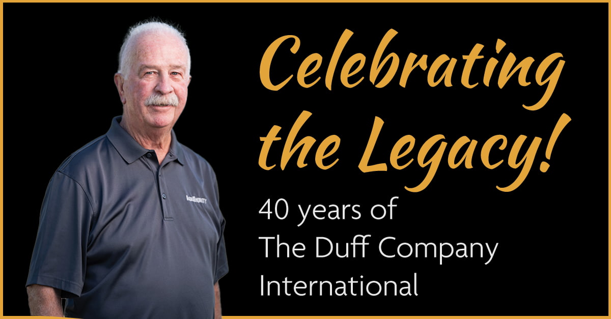 Jerry Duff, founder of The Duff Company International, celebrating 40 years of legacy in sustainable agriculture innovation. Portrait of the leader in a company polo shirt against a black and gold anniversary background.