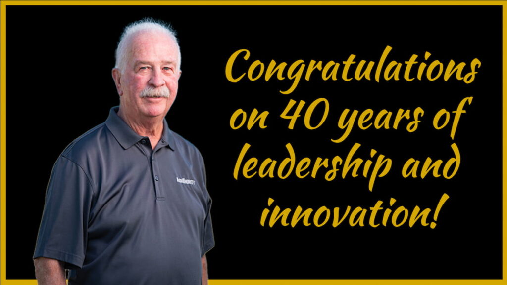 Congratulations to Jerry Duff, Founder and President of AgriThority®, on 40 years of leadership and innovation in agricultural science, crop technology, and agribusiness development – celebratory portrait featuring Jerry Duff in AgriThority® branded polo shirt against black background with gold text.