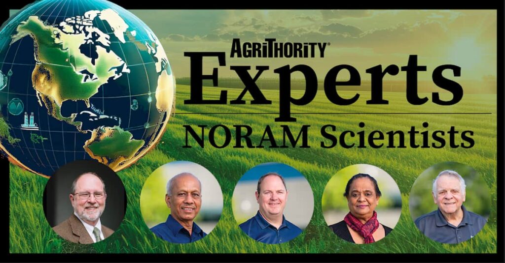 AgriThority® Experts – NORAM Scientists team banner: Global agriculture innovation graphic featuring a stylized Earth globe highlighting North America overlaid on green crop fields, with portraits of five expert agronomists and crop scientists specializing in agricultural product development, precision farming, crop protection, and sustainable agribusiness solutions in North America.