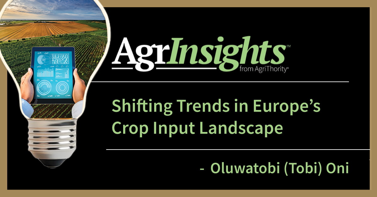 AgrInsights™ from AgriThority® presentation cover: Innovative light bulb graphic integrating aerial view of European crop fields and hands holding a tablet with agricultural data analytics, titled "Shifting Trends in Europe’s Crop Input Landscape" by Oluwatobi (Tobi) Oni – exploring precision agriculture, sustainable crop inputs, fertilizers, biologicals, and agtech trends in European farming.