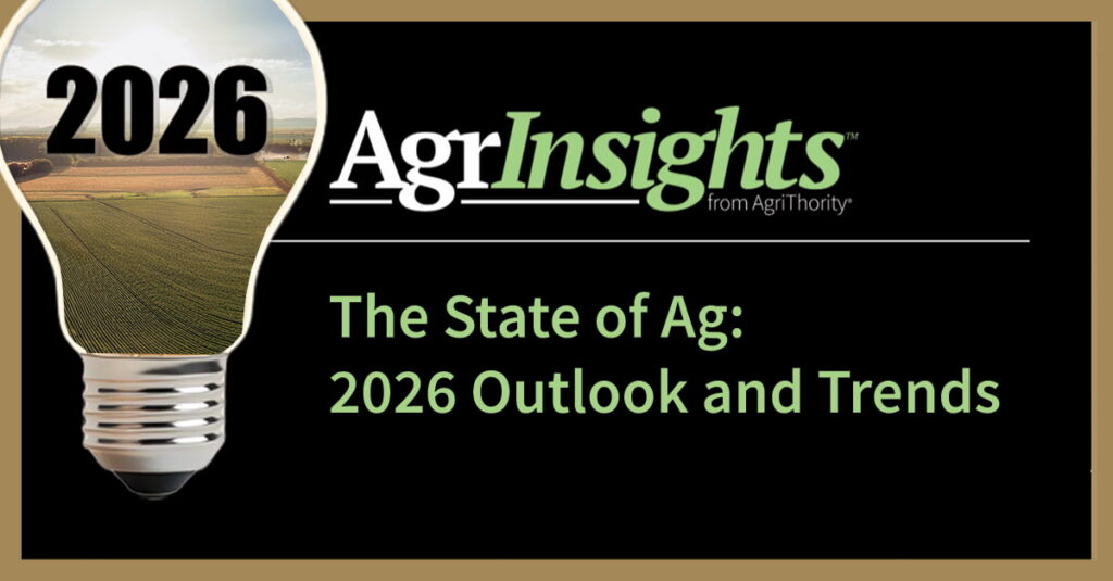 A graphic with a lightbulb showing a farm landscape and 2026 inside it. Next to it, text reads: AgrInsights: The State of Ag: 2026 Outlook and Trends.