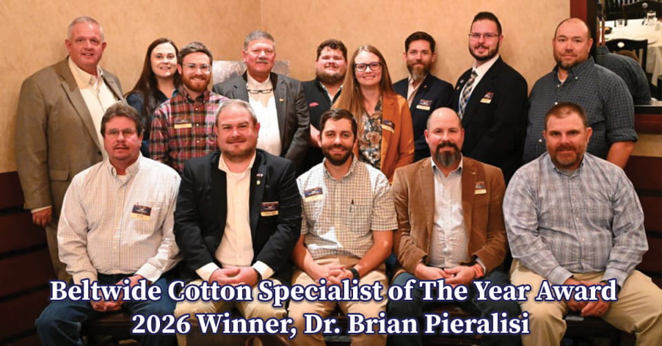 A group of 13 people, including men and women, pose together indoors. A banner at the bottom reads, Beltwide Cotton Specialist of The Year Award 2026 Winner, Dr. Brian Pieralisi.