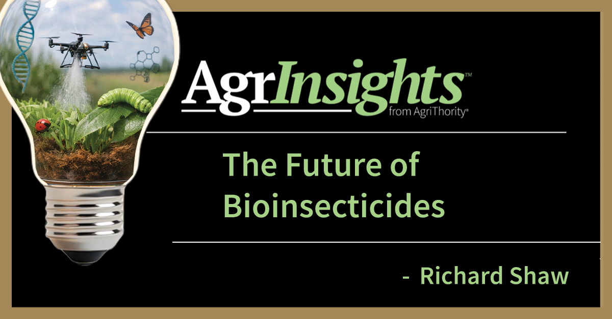 The Future of Bioinsecticides thumbnail: innovative lightbulb concept with drone precision spraying bioinsecticides over sustainable crops, featuring DNA biotechnology helix, microbial solutions, ladybug for natural pest control, caterpillar, butterfly, and soil ecosystem symbolizing eco-friendly agriculture and precision farming advancements