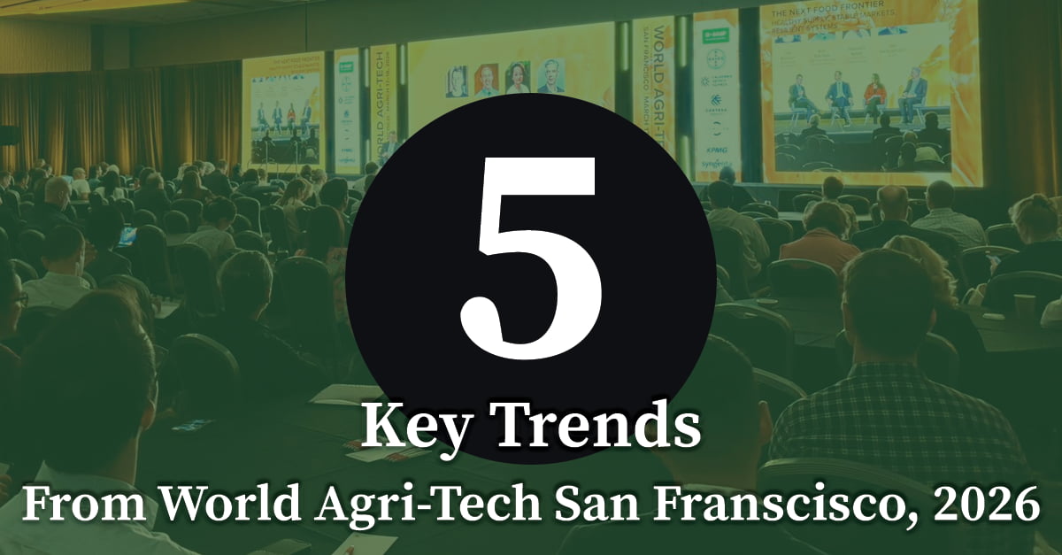 5 Key Trends from World Agri-Tech San Francisco 2026 – Audience seated in a packed conference hall at the World Agri-Tech Innovation Summit, featuring large stage banners and presentation screens highlighting the future of agriculture technology, sustainable food systems, and agritech innovation.