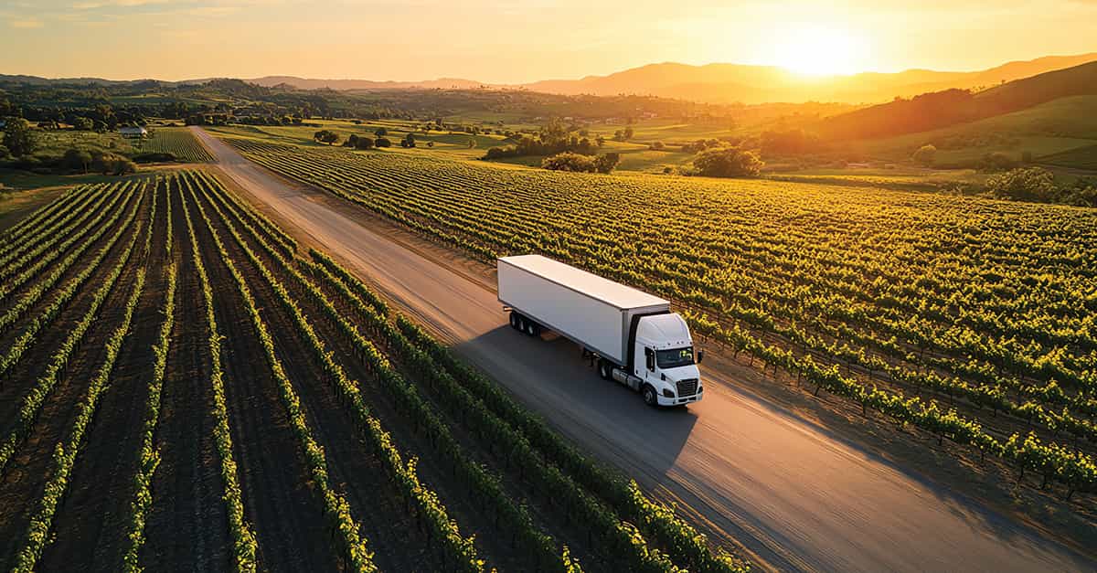 White semi-truck driving through golden agricultural fields at sunset, representing international sample shipments and logistics for agricultural inputs and market access.