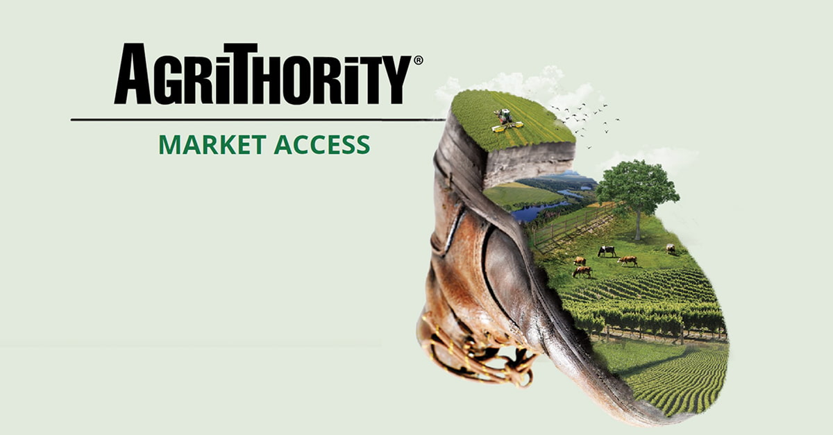 AgriThority Market Access thumbnail featuring a large brown leather boot filled with a vibrant agricultural landscape: green crop fields, vineyard rows, grazing cows, a tractor on a hill, and a scenic farm with river and trees.