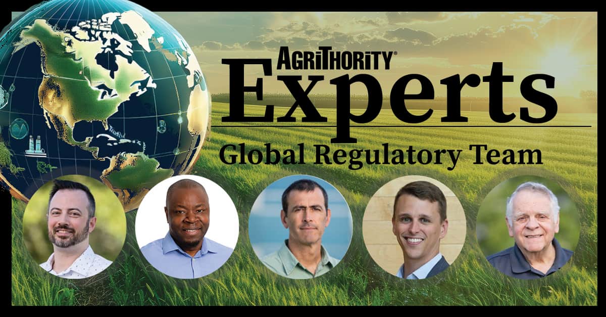 AgriThority Regulatory Experts Team – Professional headshots of four agricultural regulatory specialists on a global background with a glowing globe over North America and golden sunrise over green farmland fields.